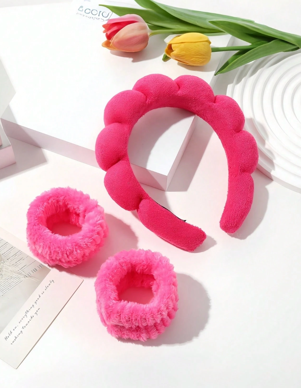 3pcs Solid Bath Headband & Bath Wrist Band Set
